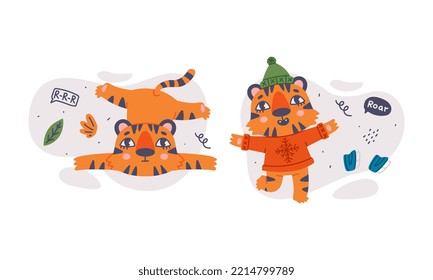 Cute funny baby tigers characters set. Happy New Year concept cartoon vector illustration