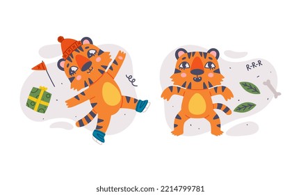 Cute funny baby tigers set. Striped jungle wildcat characters celebrating New Year holiday cartoon vector illustration