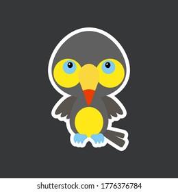 Cute funny baby toucan sticker. Tropical adorable bird character for design of album, scrapbook, card, poster, invitation. Flat cartoon colorful vector stock illustration.
