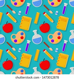 cute funny back to school seamless pattern. school supplies. education items kawaii style on blue background. vector Illustration.