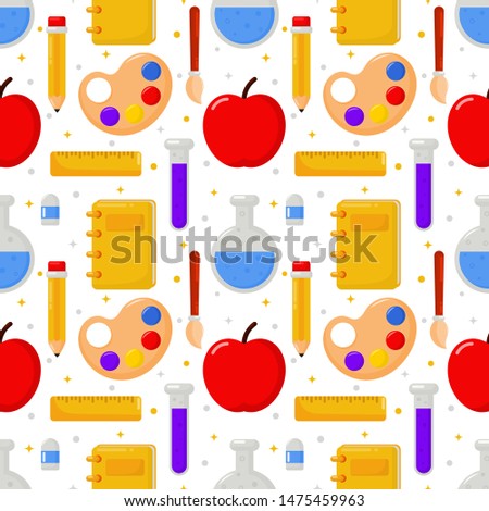 cute funny back to school seamless pattern. school supplies. education items kawaii style on white background. vector Illustration.