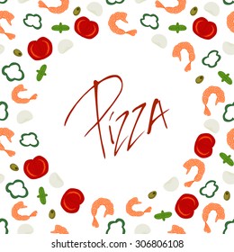 Cute funny background border frame with various pizza ingredients isolated on the white fond. With space for invitations or different events greeting cards text. Vector illustration eps 10