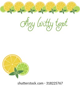 Cute funny background border frame with mojito ingredients on the white fond. With space for  text. Can be used for invitations, menu, poster or greeting cards. Vector illustration eps 10