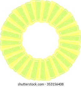 Cute funny background circle border frame with lemon and lime on the white (transparent) fond. With space for text. Can be used for invitations, menu, poster or greeting cards. Vector illustration eps