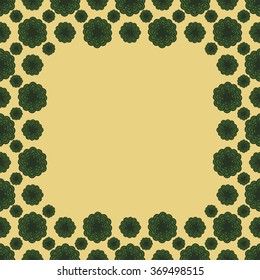 Cute funny background pattern square border frame with many repeating stylized green flowers on the yellow fond. Space for invitations or different events greeting cards text. Vector illustration eps