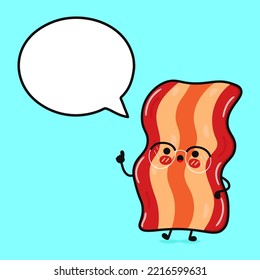 Cute funny bacon doing yoga with speech bubble. Vector hand drawn cartoon kawaii character illustration icon. Isolated on blue background. Happy bacon character concept