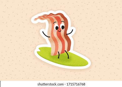 Cute funny bacon on a surf. Surfing bacon cartoon character on a pattern. Creative design for children books. Happy waving bacon for Monday breakfast. Sporty ham fight against unhealthy fat sticker