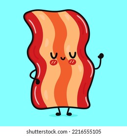 Cute funny bacon waving hand. Vector hand drawn cartoon kawaii character illustration icon. Isolated on blue background. Happy bacon character concept