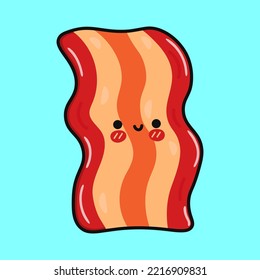 Cute funny bacon waving hand. Vector hand drawn cartoon kawaii character illustration icon. Isolated on blue background. Happy bacon character concept