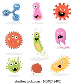 Cute and funny bacteria, virus, germ cartoon character illustrations set.