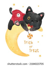 Cute Funny Balck Cat In Vampire Costume On Crescent Moon Halloween Trick Or Treat, Animal Cartoon Character Watercolor Illustration Vector