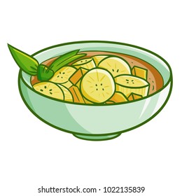 Cute and funny banana compote or "Kolak Pisang" in Bahasa Indonesia mixed with pumpkin for Ramadan and Eid Al-Fitr - Vector.