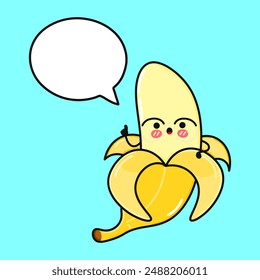 Cute funny Banana doing yoga with speech bubble. Vector hand drawn cartoon kawaii character illustration icon. Isolated on blue background. Happy Chocolate Banana character concept