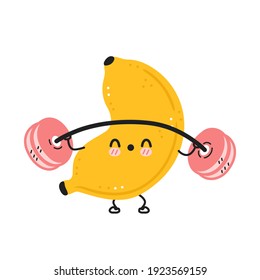 Cute funny banana make gym with barbell. Vector flat cartoon kawaii character illustration icon. Isolated on white background. Banana fruit workout character concept