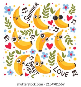 
Cute funny banana summer illustration. Design for t shirts, stickers, posters, textile, cards etc. Vector illustration on white background