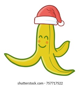 Cute and funny banana wearing Santa's hat for Christmas and smiling - vector.