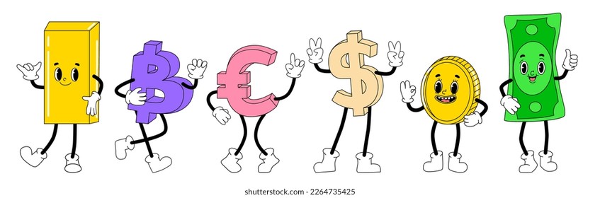 Cute funny banknotes and coins humanized characters showing various money and finance concept cartoon vector Illustrations. Dollar, Euro, Gold bar in cartoon groovy style. Humanlike branding mascots