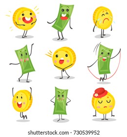 Cute funny banknotes and coins humanized characters showing various emotions set, money and finance concept cartoon vector Illustrations