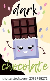 Feine, lustige Bar mit bitter dunkler Schokolade. Sonnige Bonbons. Köstlicher Nachtisch. Eine Postkarte, ein Poster, eine Werbung. Vektorgrafik, Cartoon kawaii Smiley Gesicht. Weltschokoladentag.