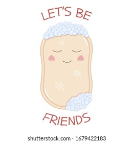 Bonito y divertido bar de jabón que ofrece para ser amigo. Ilustración vectorial de productos higiénicos con bonita sonrisa y mejillas rosas. Dibujo infantil para niños. Lavado de manos contra virus y bacterias