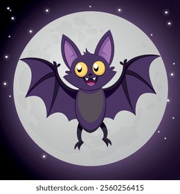 Cute and funny Bat. Baby black bat flying in front of moon. Vector illustration Bat character design with flat color. Can be used for design of t-shirts, Happy Halloween banner and characters.