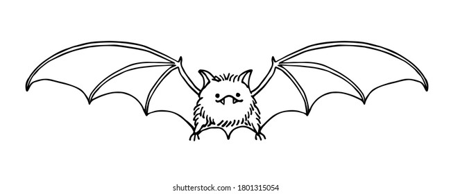 cute funny bat, bloodsucker, symbol of vampire, midnight & halloween holiday, pet, vector illustration with black ink contour line isolated on a white background in a doodle & hand drawn style