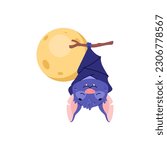 Cute and funny bat hanging upside down on branch, cartoon flat vector illustration isolated on white background. Full moon and creepy animal. Bat sleeping on tree branch. Halloween character.