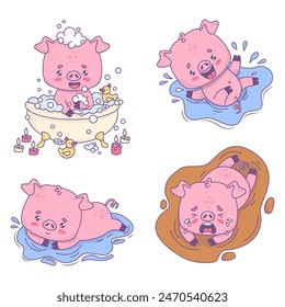 Cute funny bathing pig collection. Smiling piggy in bath, happy one is splashing in water and unhappy one is crying in dirty puddle. Isolated cartoon animal character. Vector illustration.