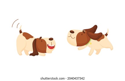 Cute funny beagle dog sleeping and walking set. Cute adorable pet animal wagging its tail and running cartoon vector illustration