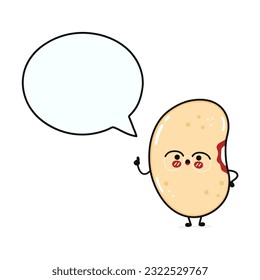 Cute funny Bean with speech bubble. Vector hand drawn cartoon kawaii character illustration icon. Isolated on white background. Happy Soy Bean character concept