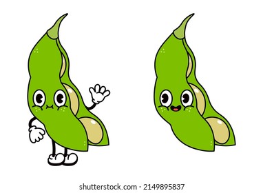 Cute funny beans character.Vector hand drawn traditional cartoon vintage,retro, kawaii character illustration icon. Isolated white background. Beans pod emoji,child,adorable,kids,concept,food,nature