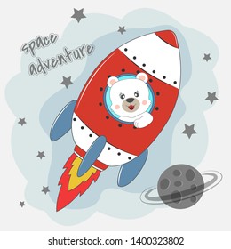 Cute funny bear astronaut  flying on a rocket. Space adventure. Element for print design, greeting card, poster and  t-shirt.