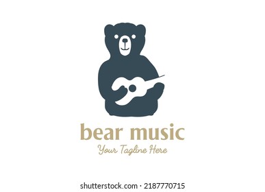 Cute Funny Bear Cartoon with Guitar for Music Instrument Logo Design