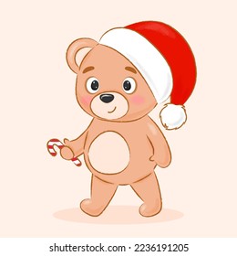 cute funny bear in christmas hat and candy