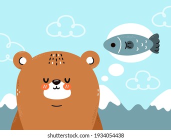 Cute funny bear dream about fish. Be brave quote. Vector scandinavian style cartoon character illustration icon. Bear character nursery print concept