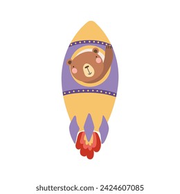 Cute funny bear flying space ship, rocket cartoon character illustration. Hand drawn animal, Scandinavian style flat design, isolated vector. Kids print element, space adventure, travel, science