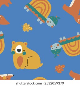 Cute e engraçado urso raposa ouriço pássaro tartaruga esquilo colorido animais da floresta árvore cogumelo bonito animais da floresta design para crianças mercado como vetor
