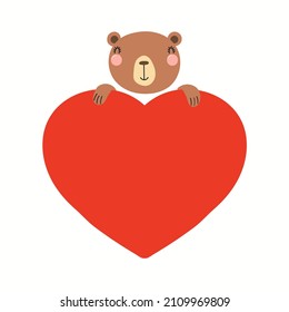 Cute funny bear holding a big heart, isolated on white. Hand drawn vector illustration. Scandinavian style flat design. Concept for kids Valentines day card, holiday print, invite, gift tag, poster.