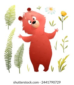 Cute funny bear hugging, big furry animal character for children. Illustrated adorable smiling bear, inviting kids to play. Isolated vector forest animal clipart for children in watercolor style.