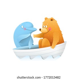 Cute funny Bear meeting dolphin while sailing, colorful animal cartoon for kids storytelling, kind and friendly kids picture. Watercolor style vector graphic for children.