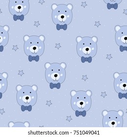 Cute funny bear on a blue background. Seamless pattern. Vector