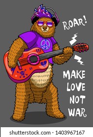 cute funny bear playing guitar wild animal cartoon vector illustration character design tee shirt print icon graphic