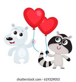 Cute and funny bear and raccoon holding red heart shaped balloon, cartoon vector illustration isolated on white background. Bear and raccoon holding heart balloon, birthday greeting decoration