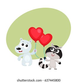 Cute and funny bear and raccoon holding red heart shaped balloon, cartoon vector illustration with space for text. Bear and raccoon holding heart balloon, birthday greeting decoration elements