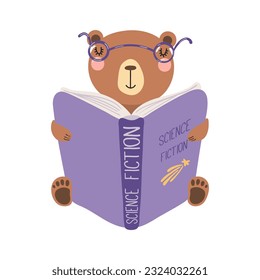 Cute funny bear reading book cartoon character illustration. Hand drawn Scandinavian style flat design, isolated vector. Kids print element, book lover, education, literature, library, bookstore