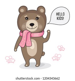 Cute funny bear in a scarf stands on two paws and says Hello, isolated on white, vector illustration