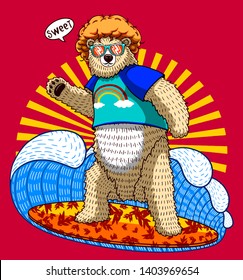 cute funny bear surfing wild animal cartoon vector illustration character design tee shirt print icon graphic