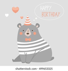 Cute funny bear in a sweater. Best wishes - cartoon Happy Birthday card.