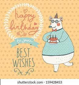 Cute Funny Bear In Sweater With Holiday Cake In Vector. Best Wishes - Cartoon Happy Birthday Card