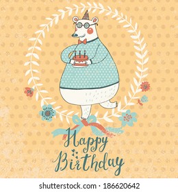 Cute funny bear in sweater with holiday cake in vector. Cartoon Happy Birthday card design, can be used as greeting card